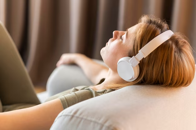 Female reclining on the sofa with closed eyes and wearing a headset.